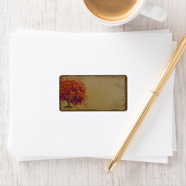 Whimsical Heafed Tree Orange & Plum on Gold Adressaufkleber (Insitu)