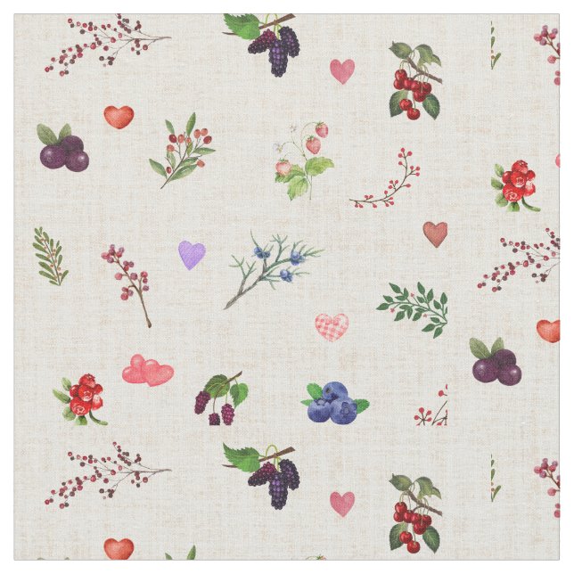 "Whimsical Heart and Berry Pattern" Stoff (Nahaufnahme)