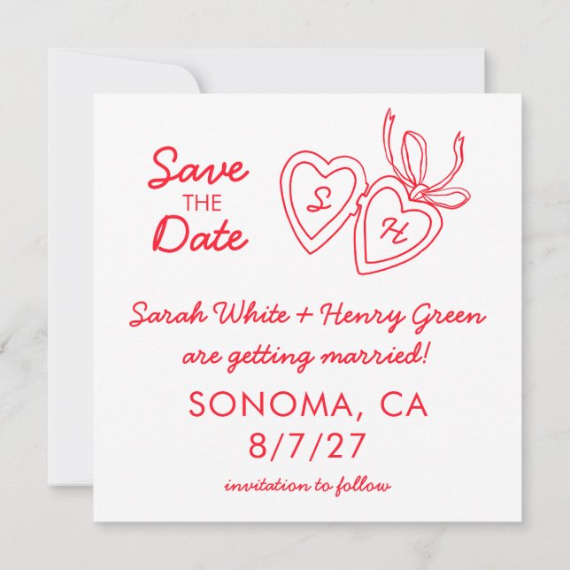 Whimsical Heart Locket Doodle Sketch Modern CUSTOM Save The Date (Rückseite)