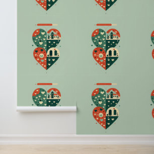Whimsical Heart Shaped Village Scene Tapete