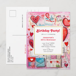 Whimsical Hearts and Liebe Letters Birthday Einlad Einladungspostkarte