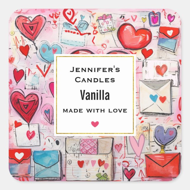 Whimsical Hearts and Liebe Letters Candle Business Quadratischer Aufkleber (Vorderseite)