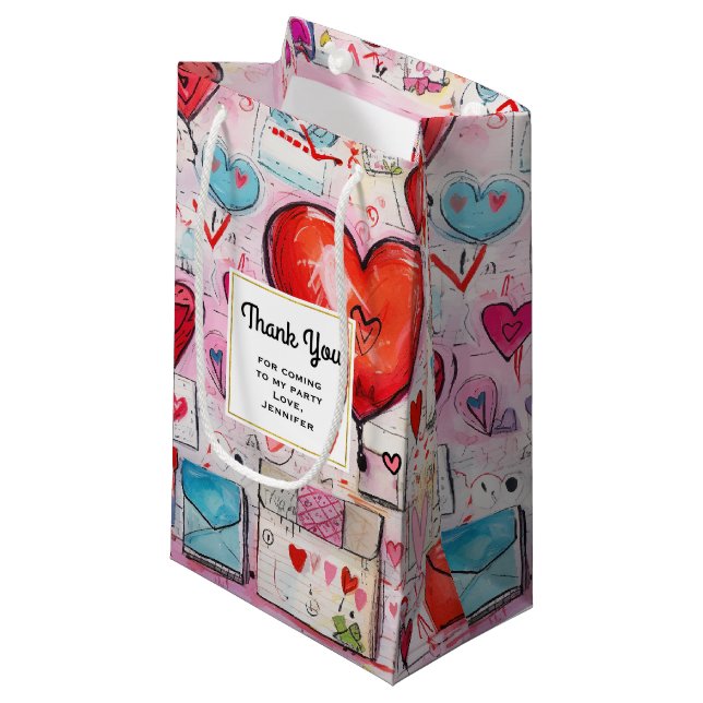 Whimsical Hearts and Liebe Letters Party Vielen Da Kleine Geschenktüte (Vorderseite Schrägansicht)