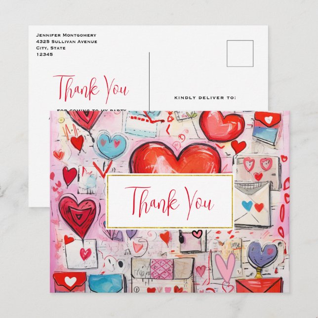 Whimsical Hearts and Liebe Letters Vielen Dank Postkarte (Vorne/Hinten)