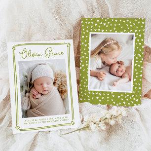 Whimsical Hearts Lime Green Foto Birth Ankündigung