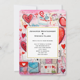 Whimsical Hearts und Liebesbriefe Muster-Hochzeit Einladung
