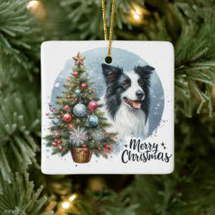 Whimsical Herding Border Collie Dog Merry Xmas Keramikornament