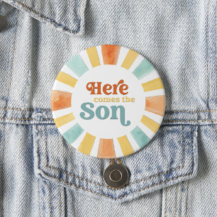 Whimsical Here Comes the Son Baby Shower Button