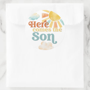 Whimsical Here Comes the Son Baby Shower Runder Aufkleber
