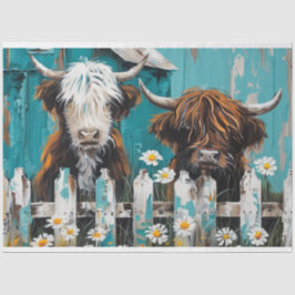 Whimsical Highland Cow Daisy Blue Stall Decoupage Seidenpapier