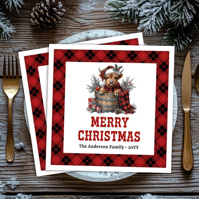 Whimsical highland cow holiday napkins buffalo  serviette (Whimsical highland cow holiday napkins buffalo plaid tones

)