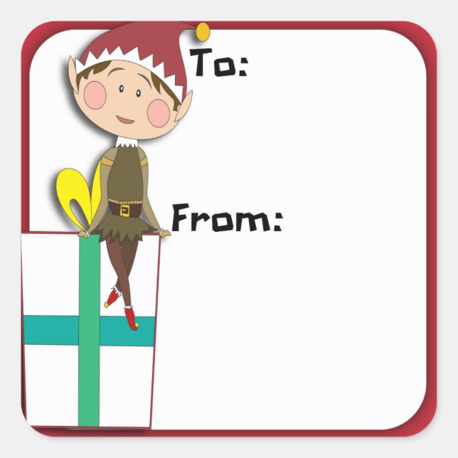 Whimsical Holiday Elf Geschenksticker Quadratischer Aufkleber (Vorderseite)
