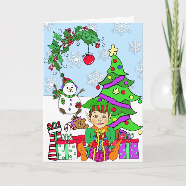 Whimsical Holiday Elf und Weihnachtsbaum Karte (Vorderseite)