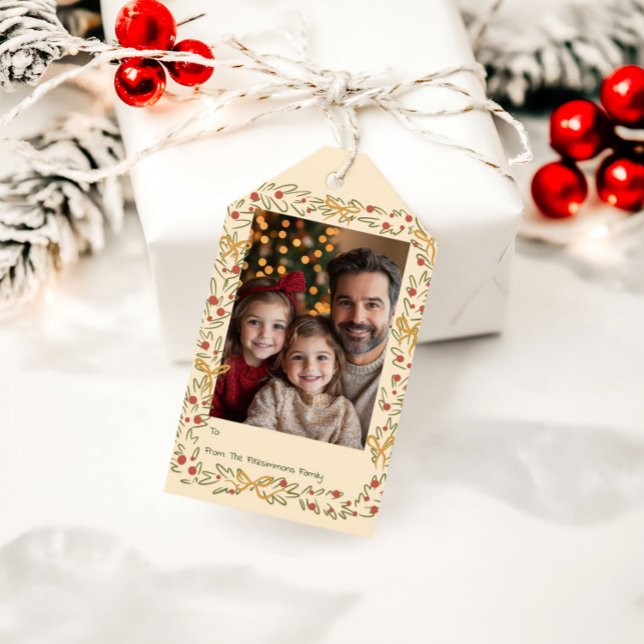 Whimsical Holiday Wreath & Bows Photo Card Geschenkanhänger (Whimsical Christmas Wreath holiday photo gift tag)
