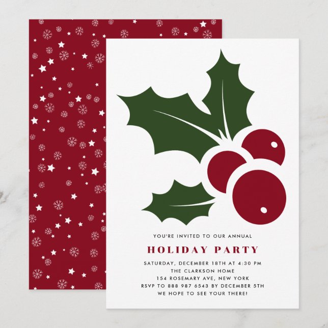 Whimsical Holly Modern Holiday Party Einladung (Vorne/Hinten)