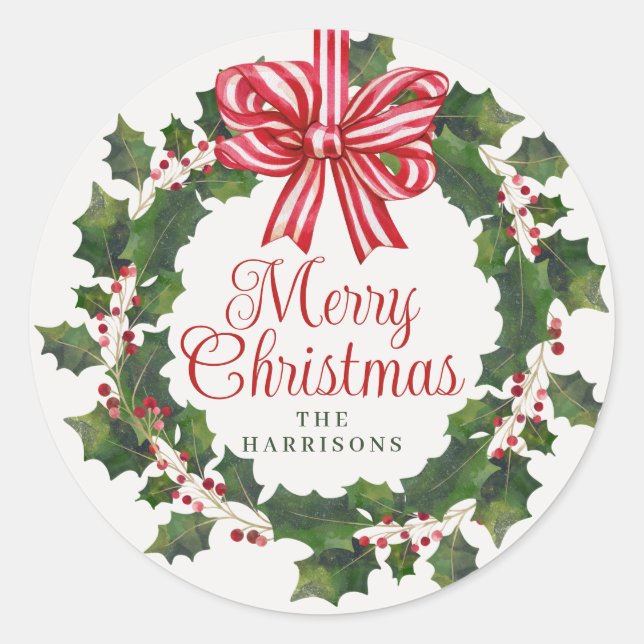 Whimsical Holly Wreath Weihnachten Runder Aufkleber (Vorderseite)