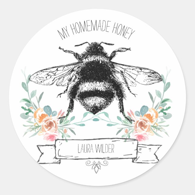 Whimsical Honey Bee Floral Homemade Honey Label Runder Aufkleber (Vorderseite)