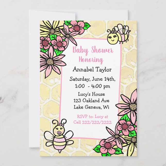 Whimsical Honey Bee Girl's Baby Shower Einladung (Vorderseite)