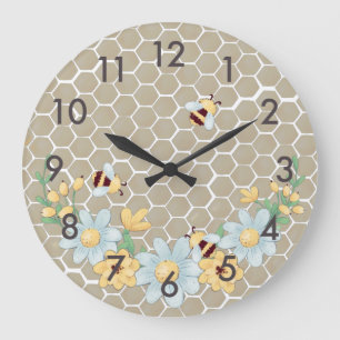 Whimsical Honey Bee Yellow Große Wanduhr