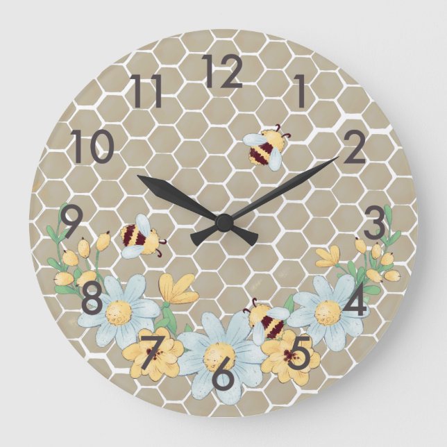 Whimsical Honey Bee Yellow Große Wanduhr (Vorderseite)