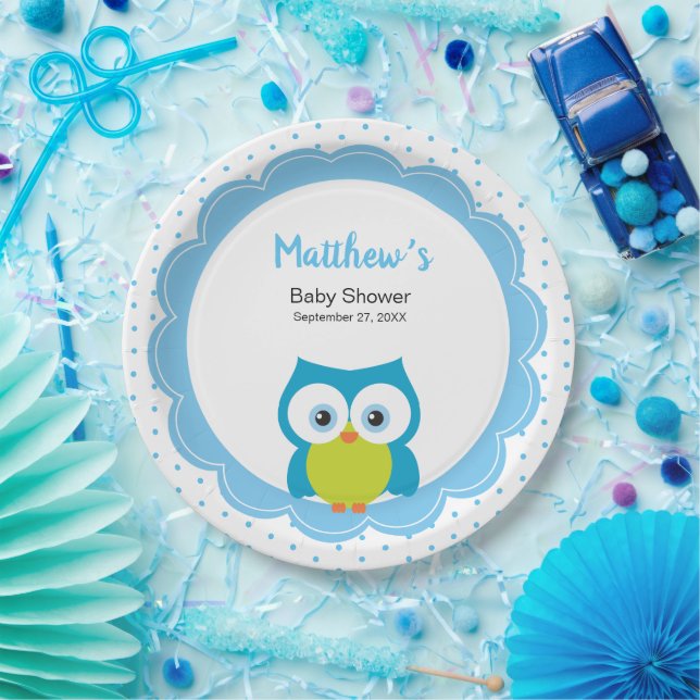 Whimsical Hoot Owl Woodland Animal Baby Boy Dusche Pappteller (Party)