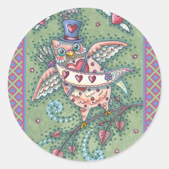 WHIMSICAL HOOTS N' HEARTS CUPID OWL VALENTINE RUNDER AUFKLEBER (Vorderseite)