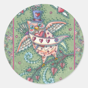 WHIMSICAL HOOTS N' HEARTS CUPID OWL VALENTINE RUNDER AUFKLEBER