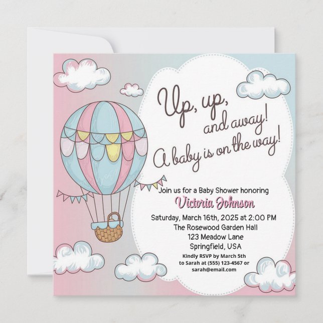 Whimsical Hot Air Ballon Babydusche Einladung (Vorderseite)