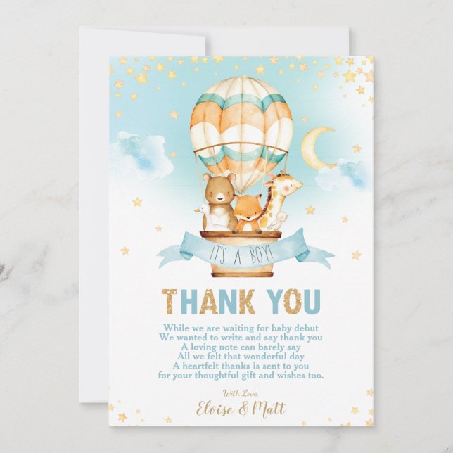 Whimsical Hot Air Ballon Babydusche Niedliche Tier Dankeskarte (Vorderseite)