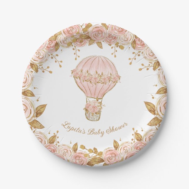Whimsical Hot Air Ballon Rose Babydusche Pappteller (Vorderseite)