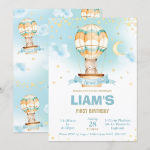 Whimsical Hot Air Ballon Teddy Bär Boy Geburtstag Einladung