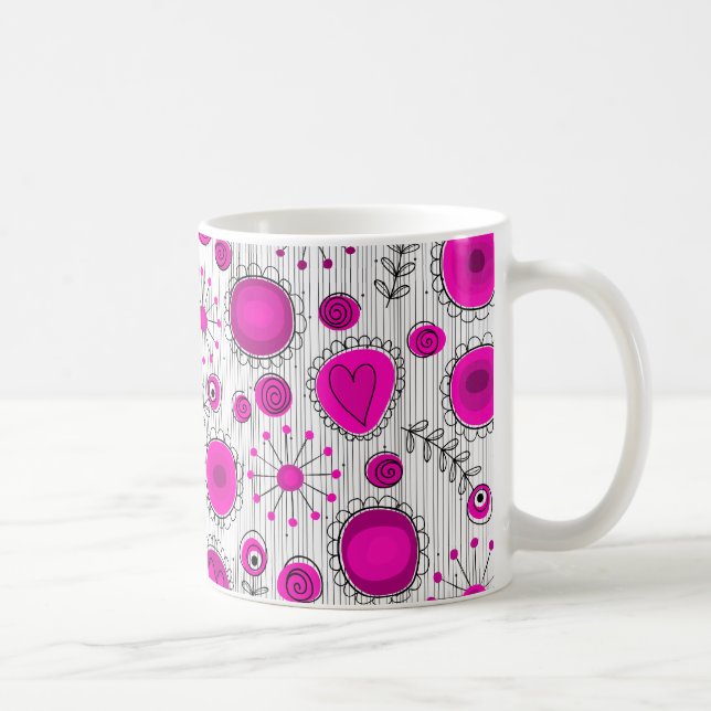 Whimsical Hot rosa, weiße Herzen und Blume, floral Kaffeetasse (Rechts)