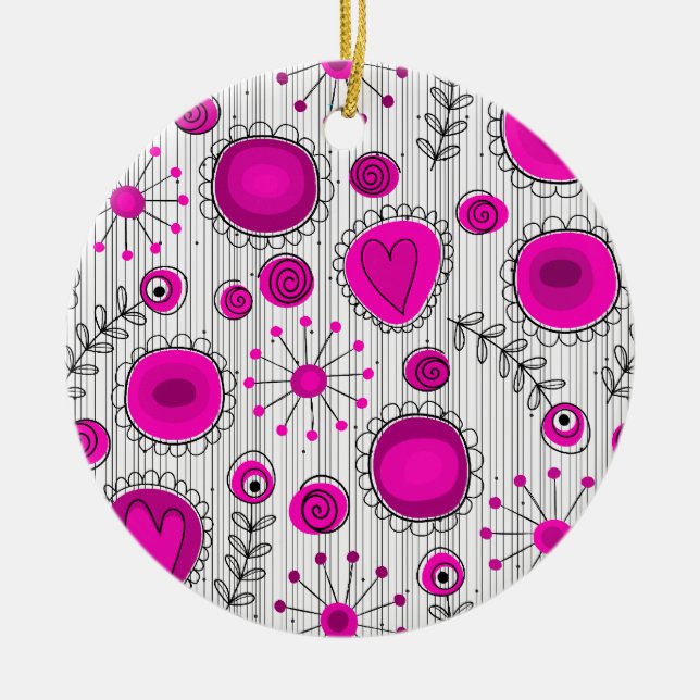 Whimsical Hot rosa, weiße Herzen und Blume, floral Keramikornament (Vorne)