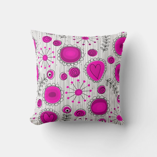 Whimsical Hot rosa, weiße Herzen und Blume, floral Kissen (Vorderseite)