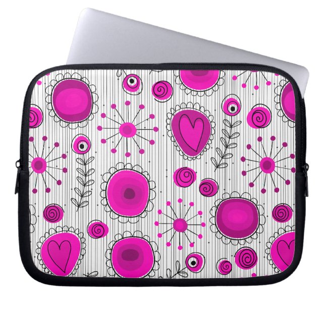 Whimsical Hot rosa, weiße Herzen und Blume, floral Laptopschutzhülle (Vorderseite)