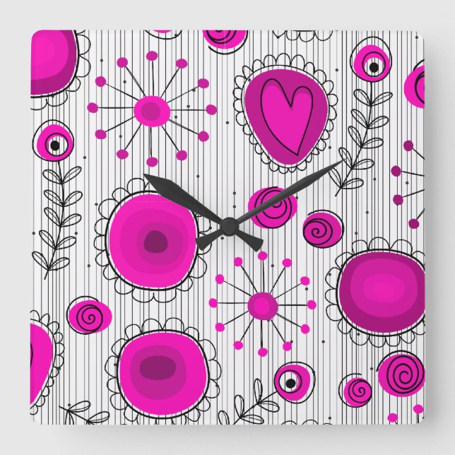 Whimsical Hot rosa, weiße Herzen und Blume, floral Quadratische Wanduhr (Vorderseite)
