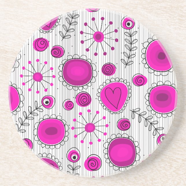 Whimsical Hot rosa, weiße Herzen und Blume, floral Sandstein Untersetzer (Vorne)