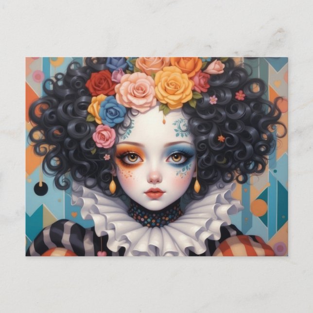 Whimsical Hübsch Clown Girl mit farbenfrohen Blume Postkarte (Vorderseite)