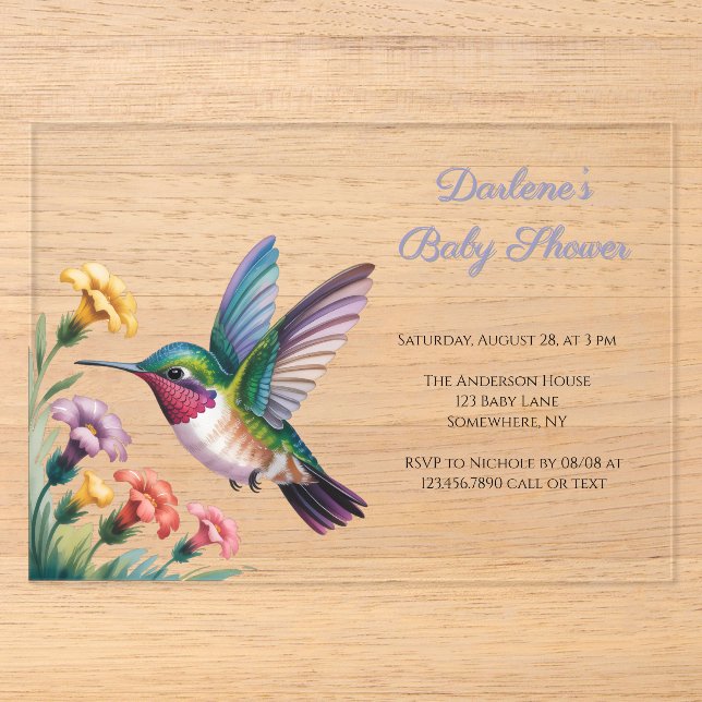 Whimsical Hummingbird Floral Baby Shower Acryleinladungen (Vorderseite)