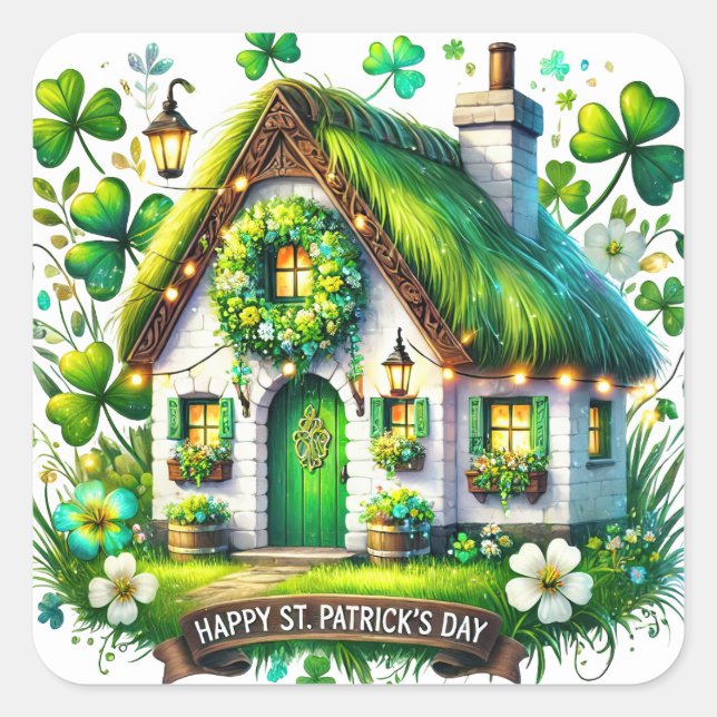 Whimsical Hütte St Patricks Day Illustration Quadratischer Aufkleber (Vorderseite)