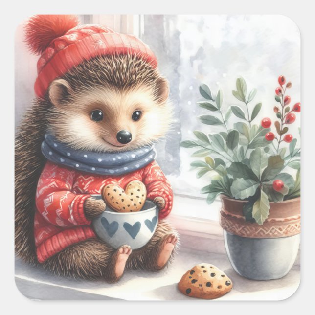 Whimsical Igel Blumenkochtopf Valentine Quadratischer Aufkleber (Vorderseite)