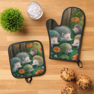 Whimsical Igel Family Picnicken im Garten Ofenhandschuh & Topflappen-Set