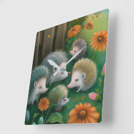 Whimsical Igel Family Picnicken im Garten Quadratische Wanduhr