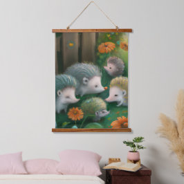 Whimsical Igel Family Picnicken im Garten Wandteppich Mit Holzrahmen