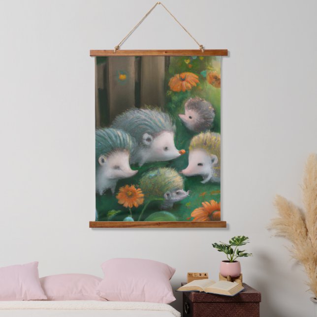 Whimsical Igel Family Picnicken im Garten Wandteppich Mit Holzrahmen (Schlafzimmer)