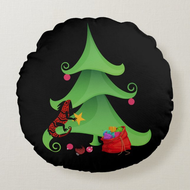 Whimsical Iguana Oh Weihnachtsbaum Rundes Kissen (Vorderseite)