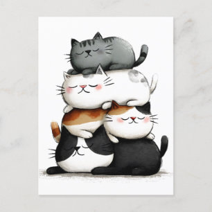 Whimsical Illustration of a Stack of Adorable Cats Feiertagspostkarte