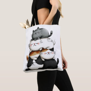Whimsical Illustration of a Stack of Adorable Cats Tasche