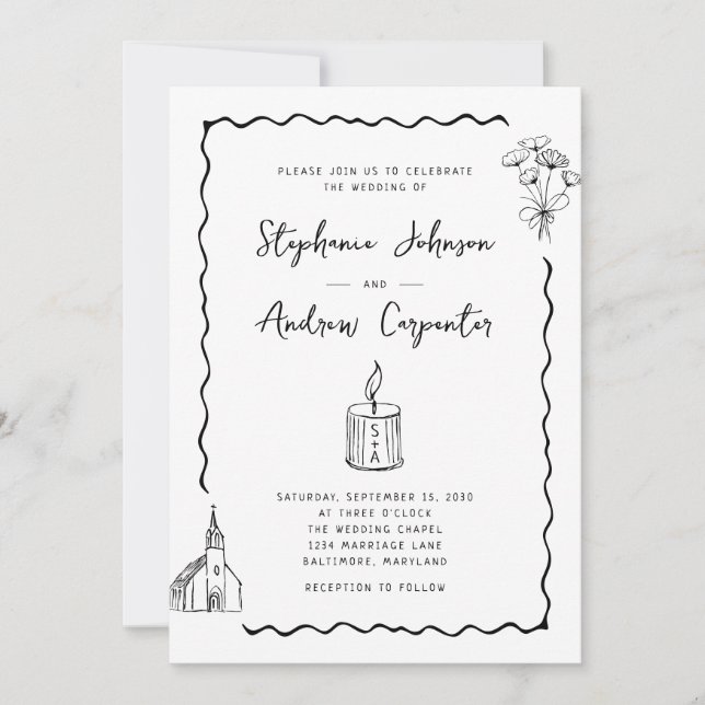 Whimsical Illustriert Black and White Wedding Einladung (Vorderseite)