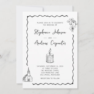 Whimsical Illustriert Black and White Wedding Einladung